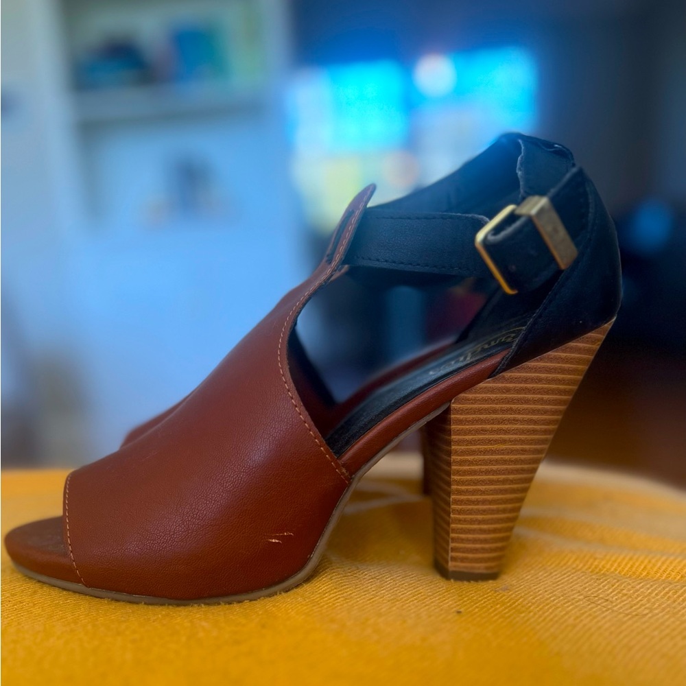 Black and brown open toe block heels with ankle strap
